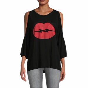 Lauren Moshi Lips Graphic cold Shoulder Top in Black Size Small